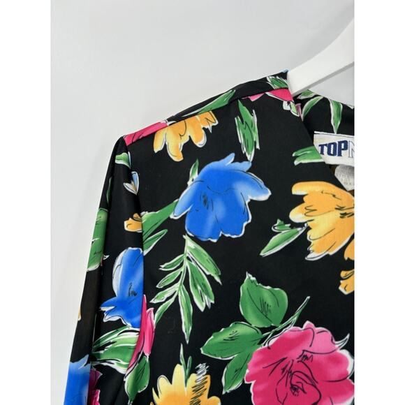 Top Notch Vintage Blouse Womens 20W Black Floral Print Short Sleeves Pleated - Picture 9 of 16